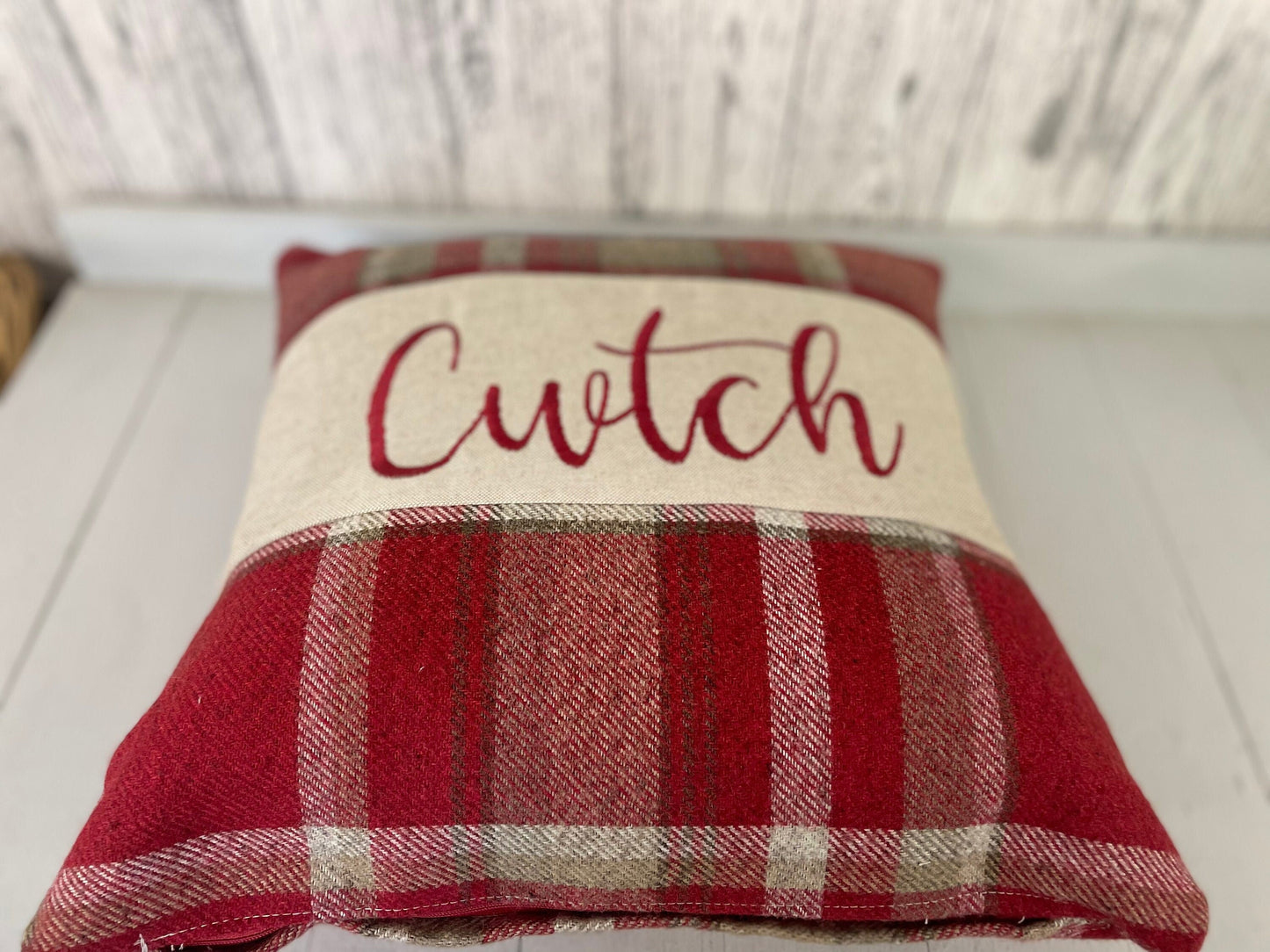 16&quot; Red Wool Touch Cwtch Cushion- Cwtch Panel Cushion, Red and Welsh Cushion