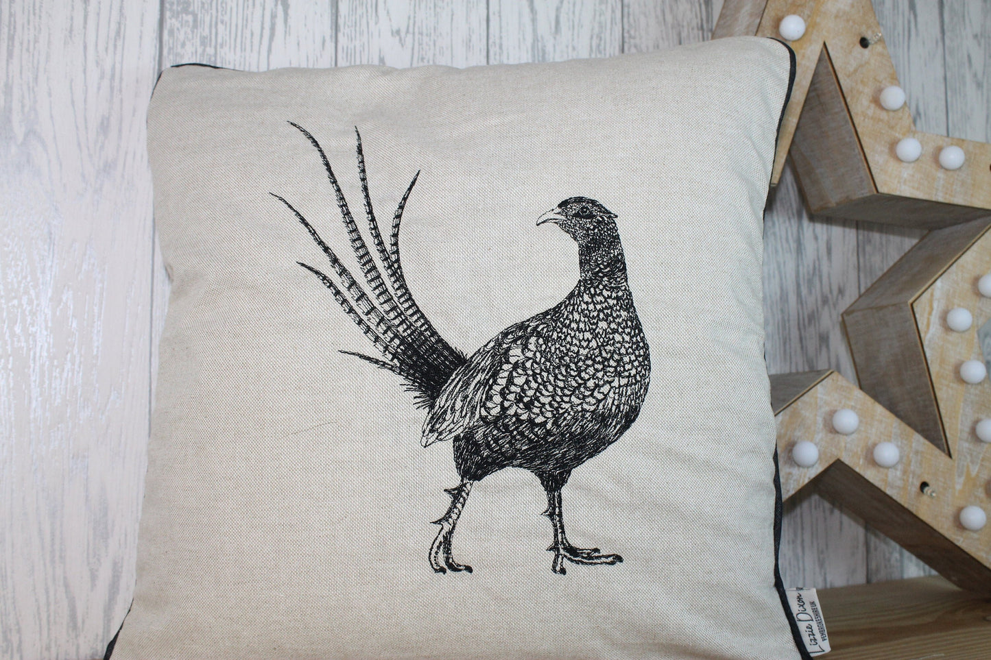 Pheasant Cushion,14&quot; Cream Cushion- Piped Cushion Cover, British Wildlife collection. Double sided- Embroidered cushion