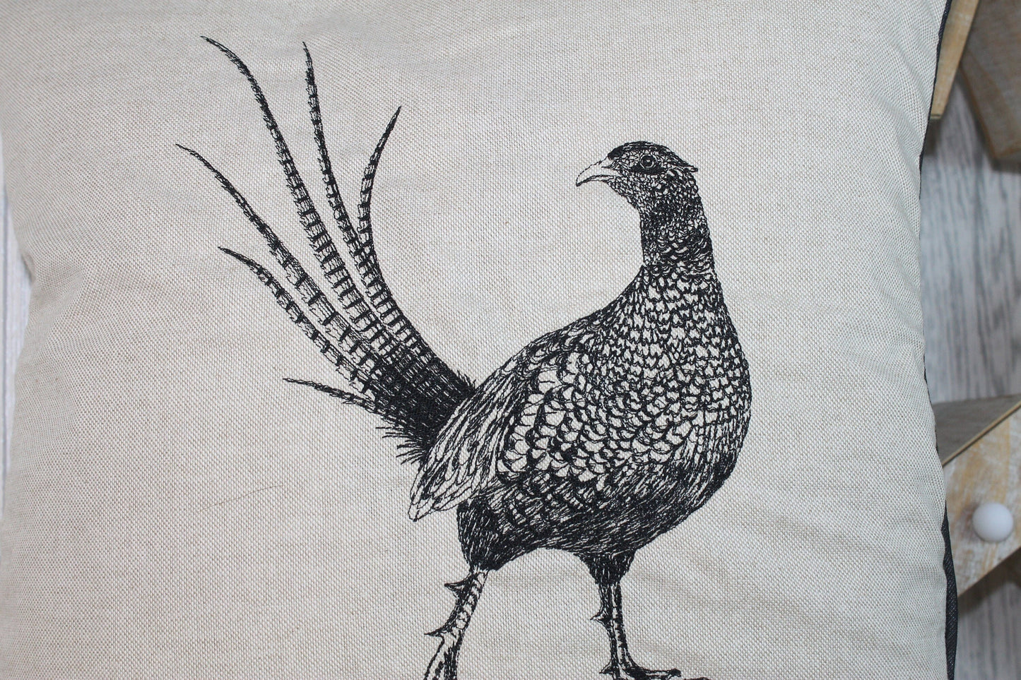 Pheasant Cushion,14&quot; Cream Cushion- Piped Cushion Cover, British Wildlife collection. Double sided- Embroidered cushion