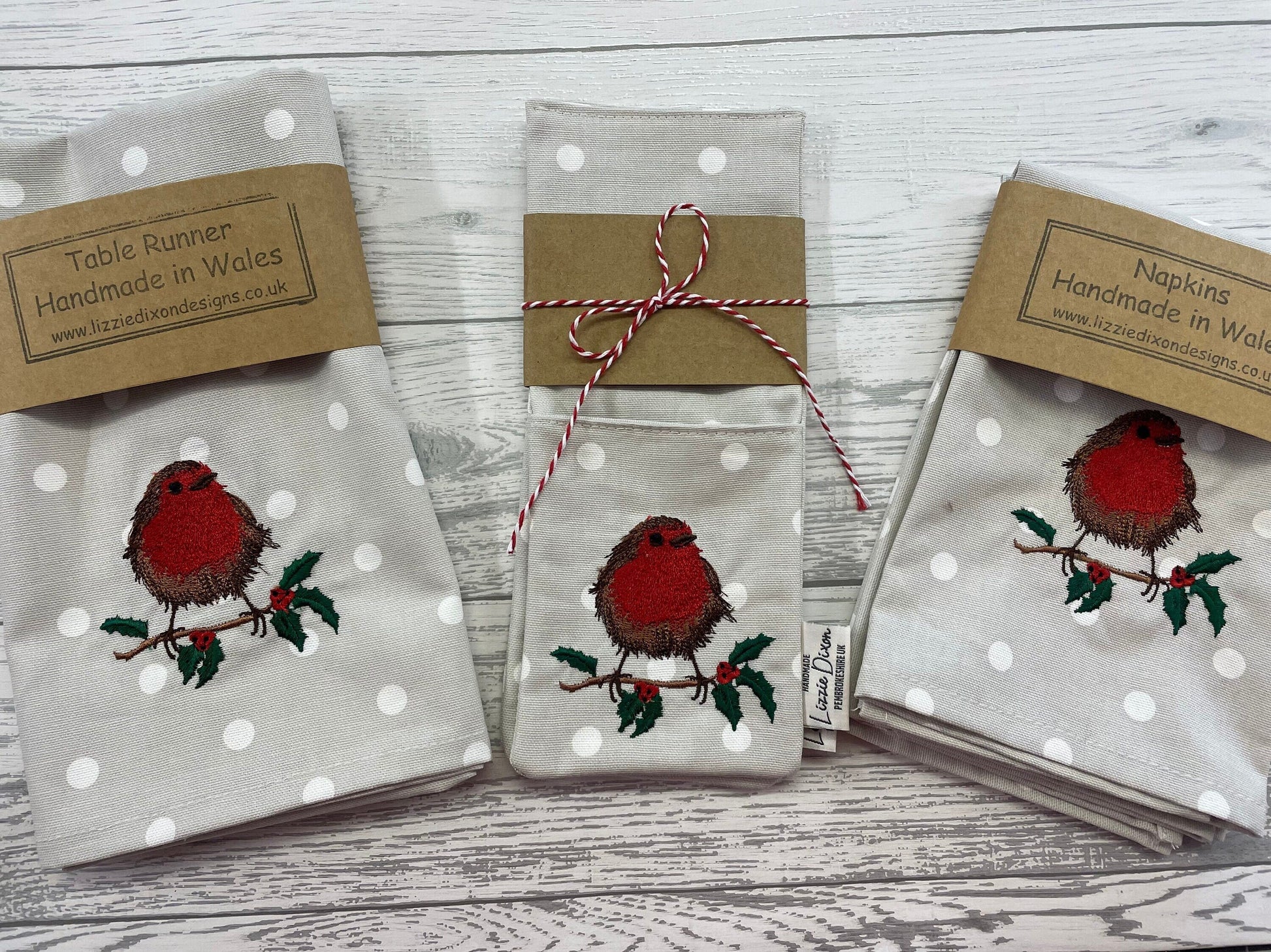 Festive Robin Christmas Napkins- Christmas fabric Grey Dotty Fabric napkin.