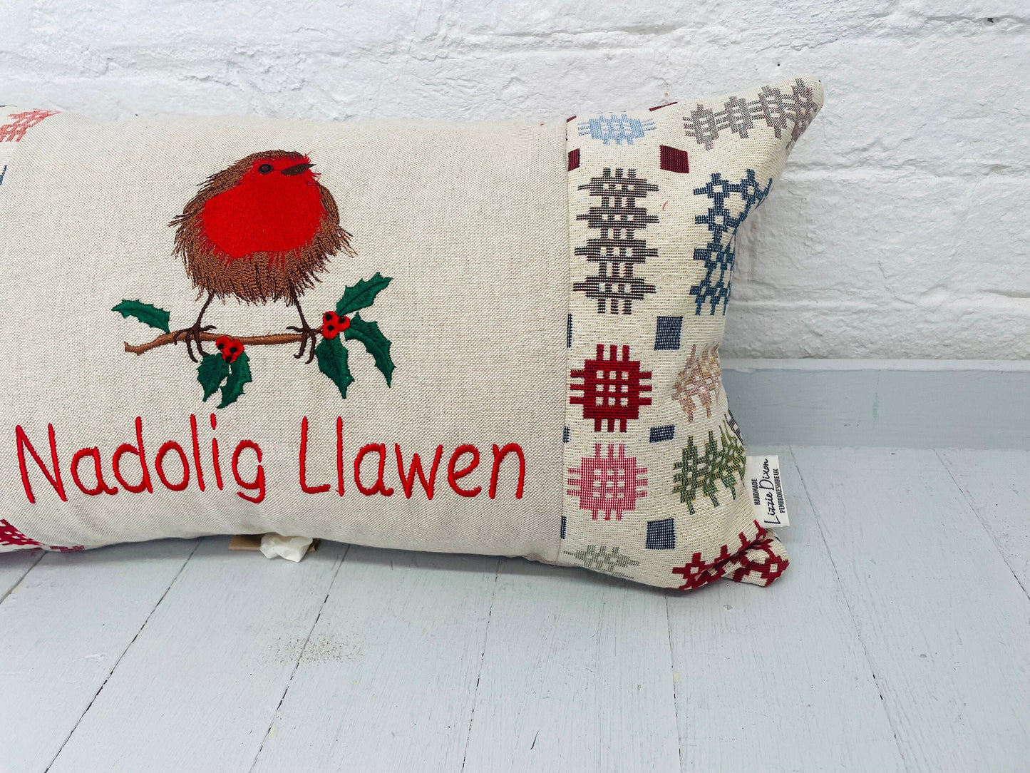 Christmas Robin ,fluffy Robin embroidered cushion Nadolig Llawen Welsh Blanket Tapestry