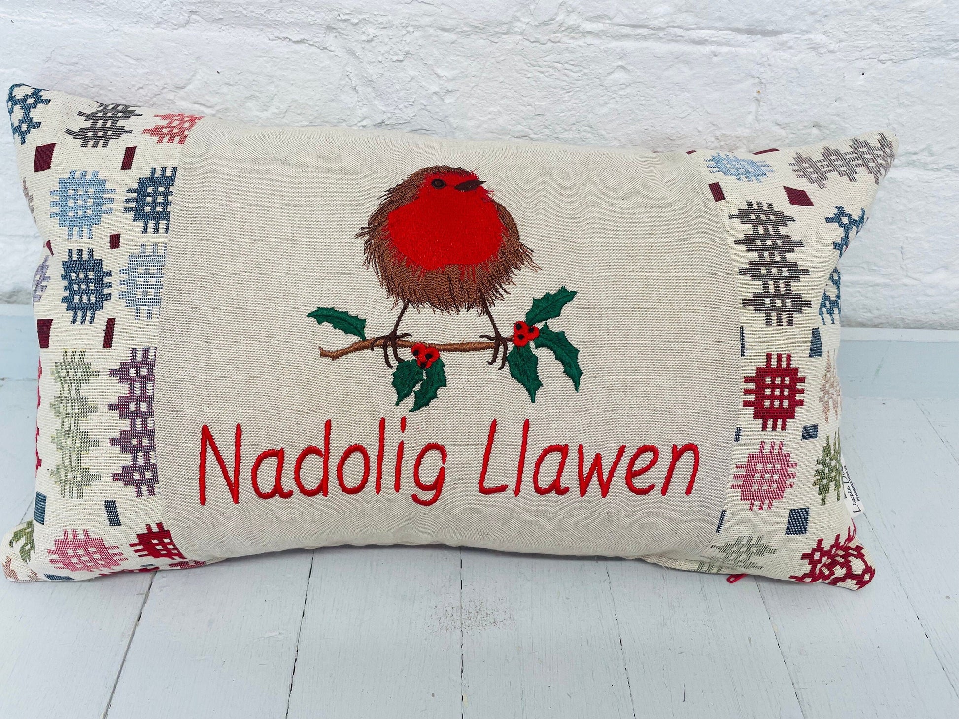 Christmas Robin ,fluffy Robin embroidered cushion Nadolig Llawen Welsh Blanket Tapestry