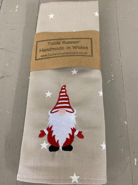 Christmas Gnome Table Runner -Festive Table -Christmas Gnome Fabric Table Runner -Taupe Star and Red Gnome-Handmade table runner