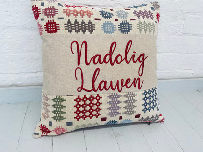 Nadolig Llawen Square Christmas Cushion- welsh Blanket style cushion cushion