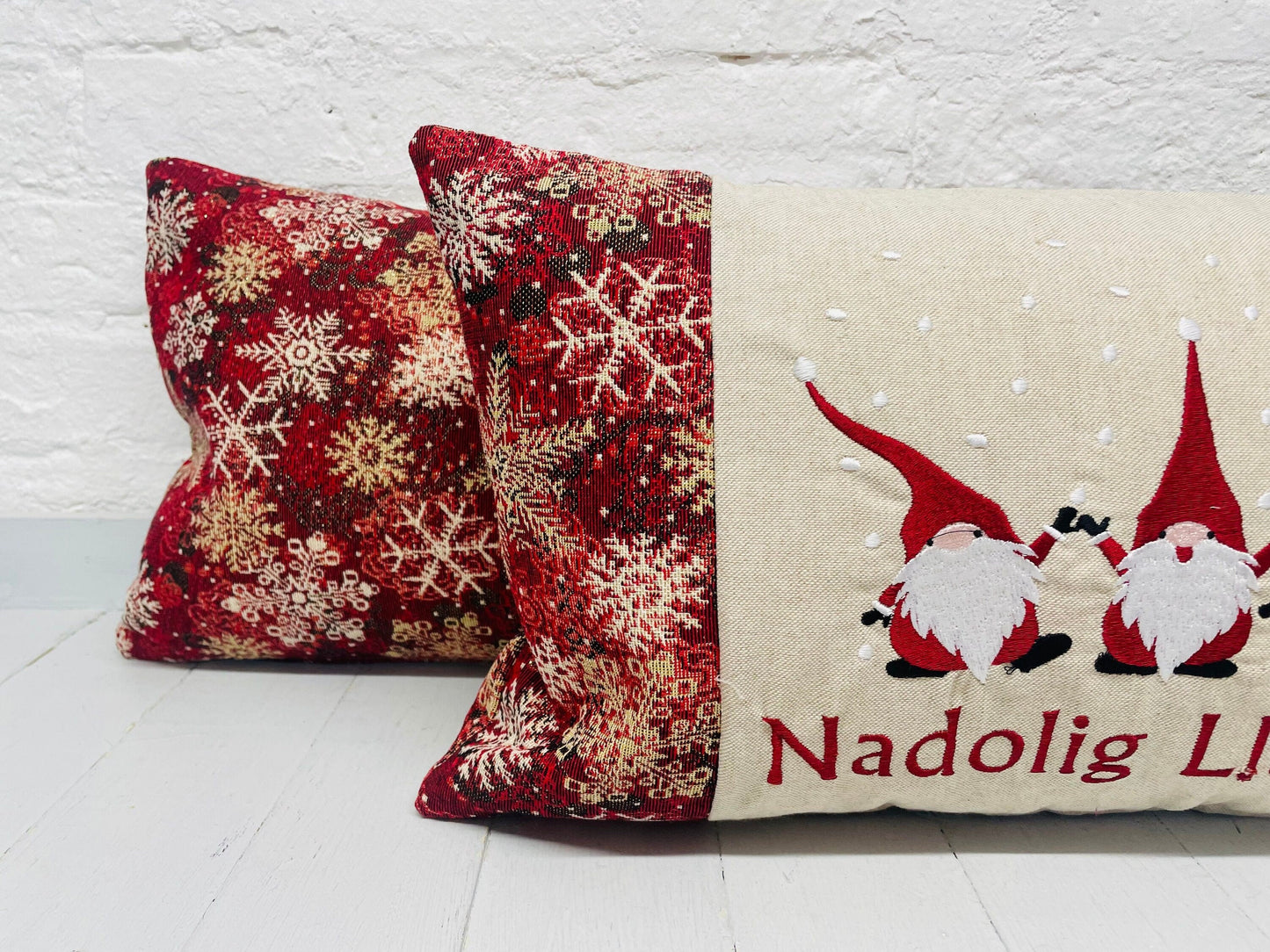 Christmas Gnomes embroidered cushion Nadolig Llawen -Luxe Snowflake with Gold thread Tapestry