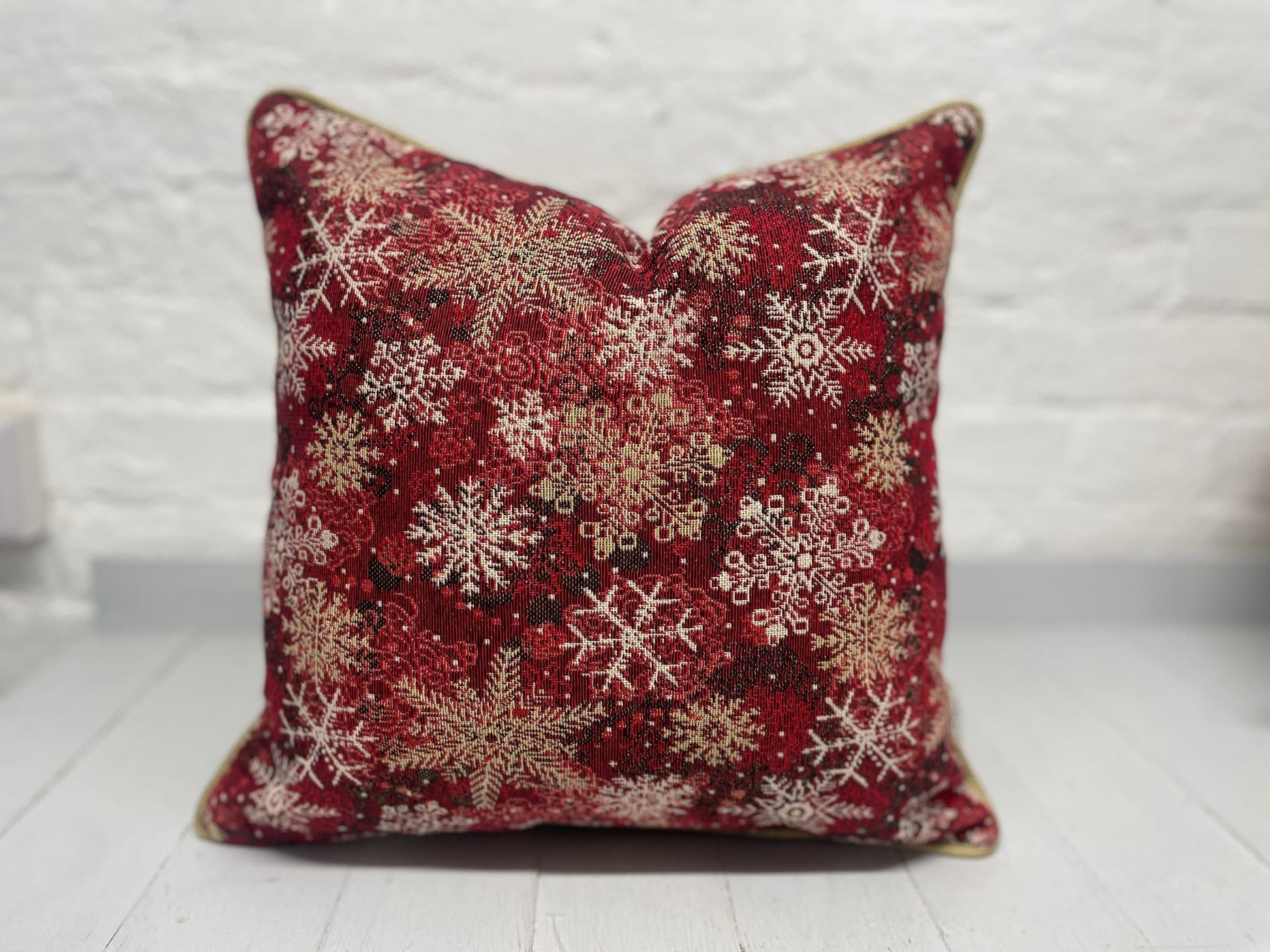 Snowflake Cushion with gold piping- Red and Gold Luxe Tapestry fabric