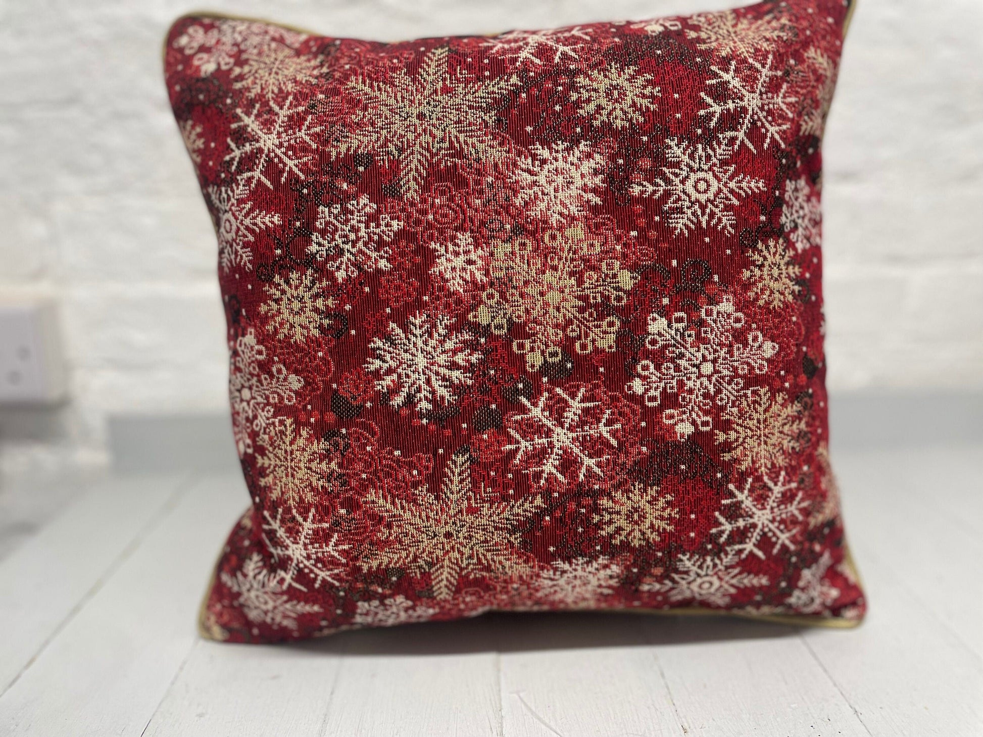 Snowflake Cushion with gold piping- Red and Gold Luxe Tapestry fabric