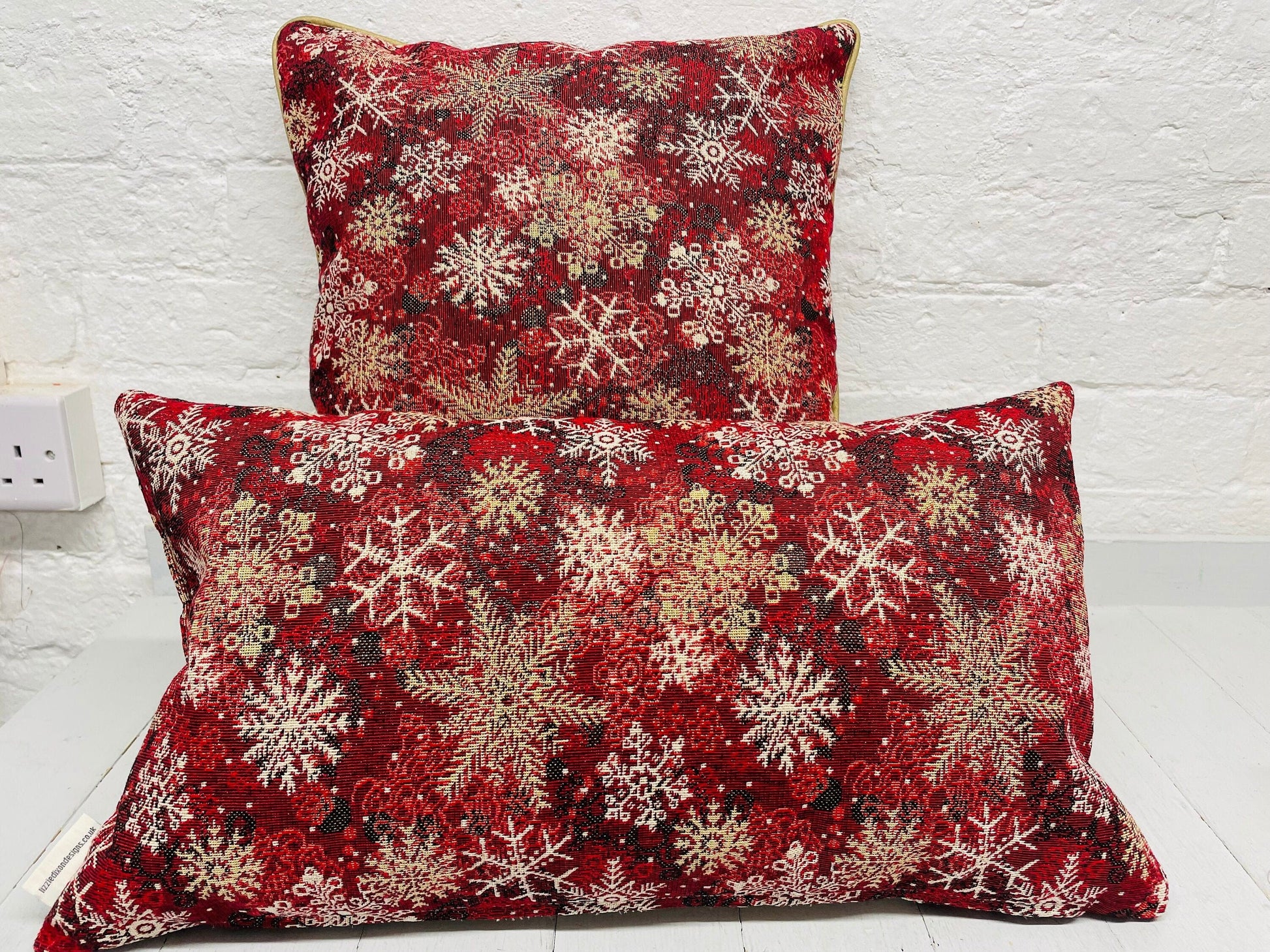 Snowflake Cushion with gold piping- Red and Gold Luxe Tapestry fabric