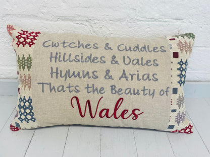 Welsh Blanket Tapestry Cushion.Cwtches & Cuddles Handmade Cushion-Welsh Cushion-Handmade welsh gifts