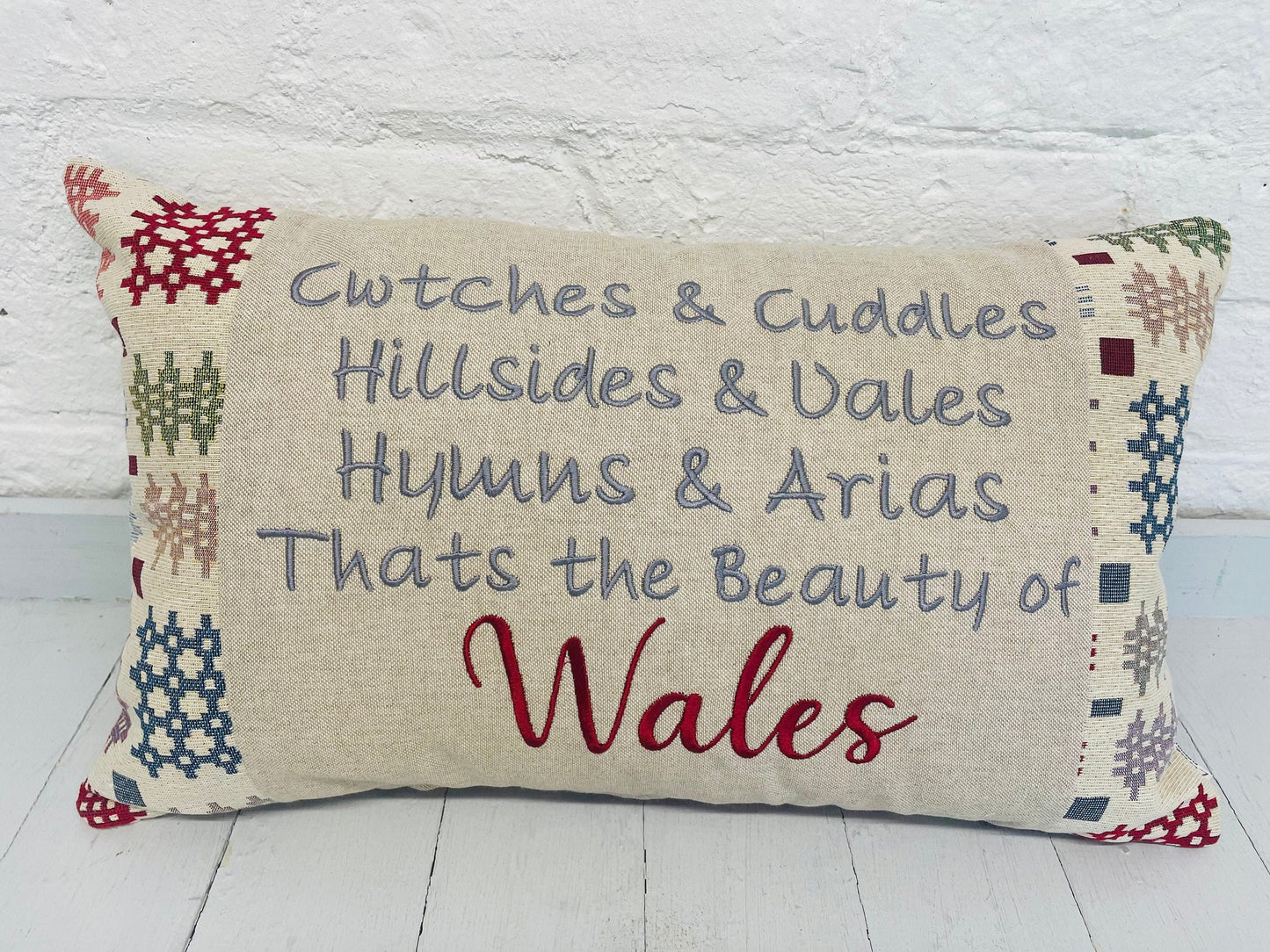 Welsh Blanket Tapestry Cushion.Cwtches & Cuddles Handmade Cushion-Welsh Cushion-Handmade welsh gifts