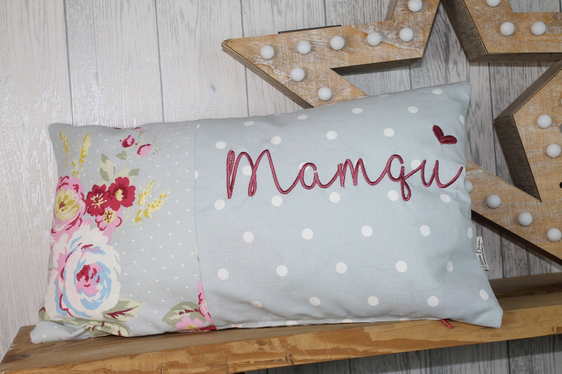 Mother&#39;s Day Gift, Personalised Cushion, Gift for Mum. Gift for Mamgu, Grandma-Personalised Mothers Gift -Pale Blue Dotty and pretty Floral