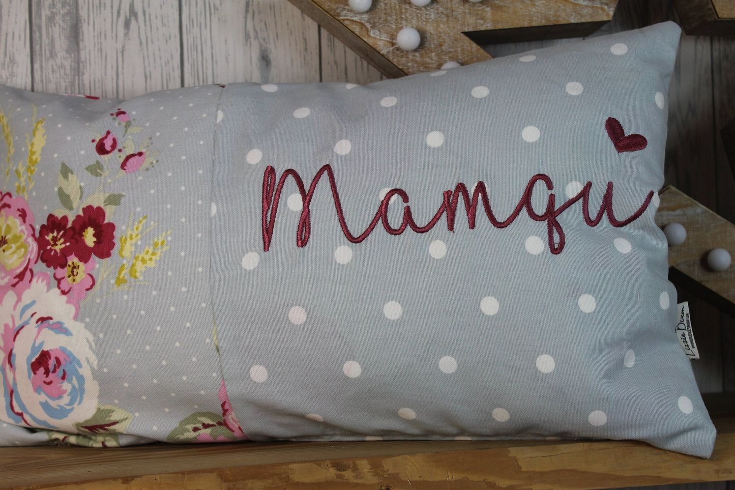 Mother&#39;s Day Gift, Personalised Cushion, Gift for Mum. Gift for Mamgu, Grandma-Personalised Mothers Gift -Pale Blue Dotty and pretty Floral