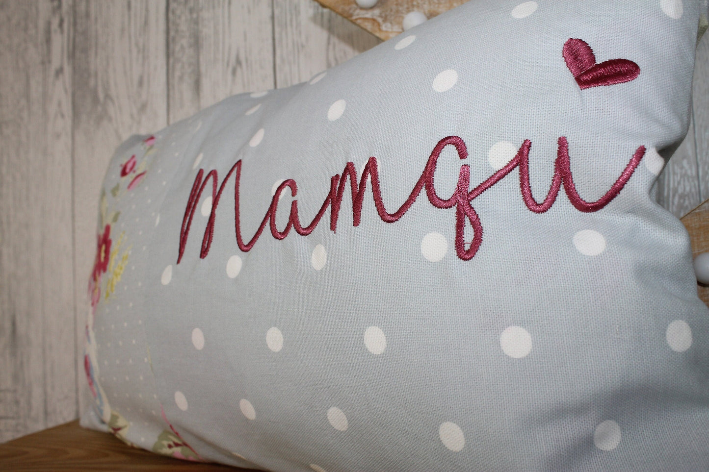 Mother&#39;s Day Gift, Personalised Cushion, Gift for Mum. Gift for Mamgu, Grandma-Personalised Mothers Gift -Pale Blue Dotty and pretty Floral