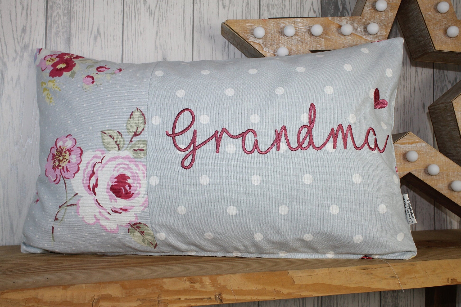 Mother&#39;s Day Gift, Personalised Cushion, Gift for Mum. Gift for Mamgu, Grandma-Personalised Mothers Gift -Pale Blue Dotty and pretty Floral