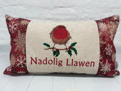 Christmas Robin ,fluffy Robin embroidered cushion Nadolig Llawen -Luxe Snowflake with Gold thread Tapestry