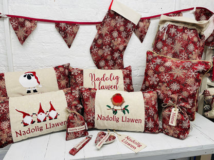 Christmas Robin ,fluffy Robin embroidered cushion Nadolig Llawen -Luxe Snowflake with Gold thread Tapestry