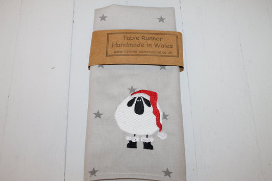 Embroidered Christmas Table runner- Sheep wearing Santa Hat and Grey Star Christmas table runner