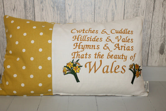 Cwtches & Cuddles Spring Daffodil Cushion- Spring Cushion -Mustard Dotty Panel Long Cushion- Daffodil Cushion- Cwtch Cushion- Welsh Cushion