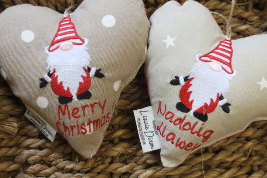 Taupe Star and Red Gnome Hanging Heart- Welsh Festive Gnome Nadolig Llawen -Merry Christmas decorative Hanging Ornament