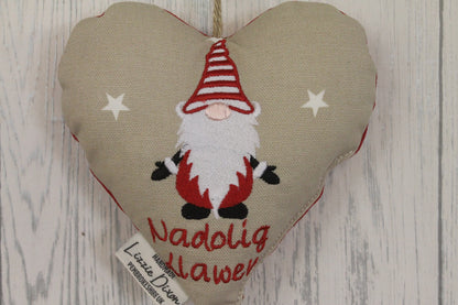 Taupe Star and Red Gnome Hanging Heart- Welsh Festive Gnome Nadolig Llawen -Merry Christmas decorative Hanging Ornament