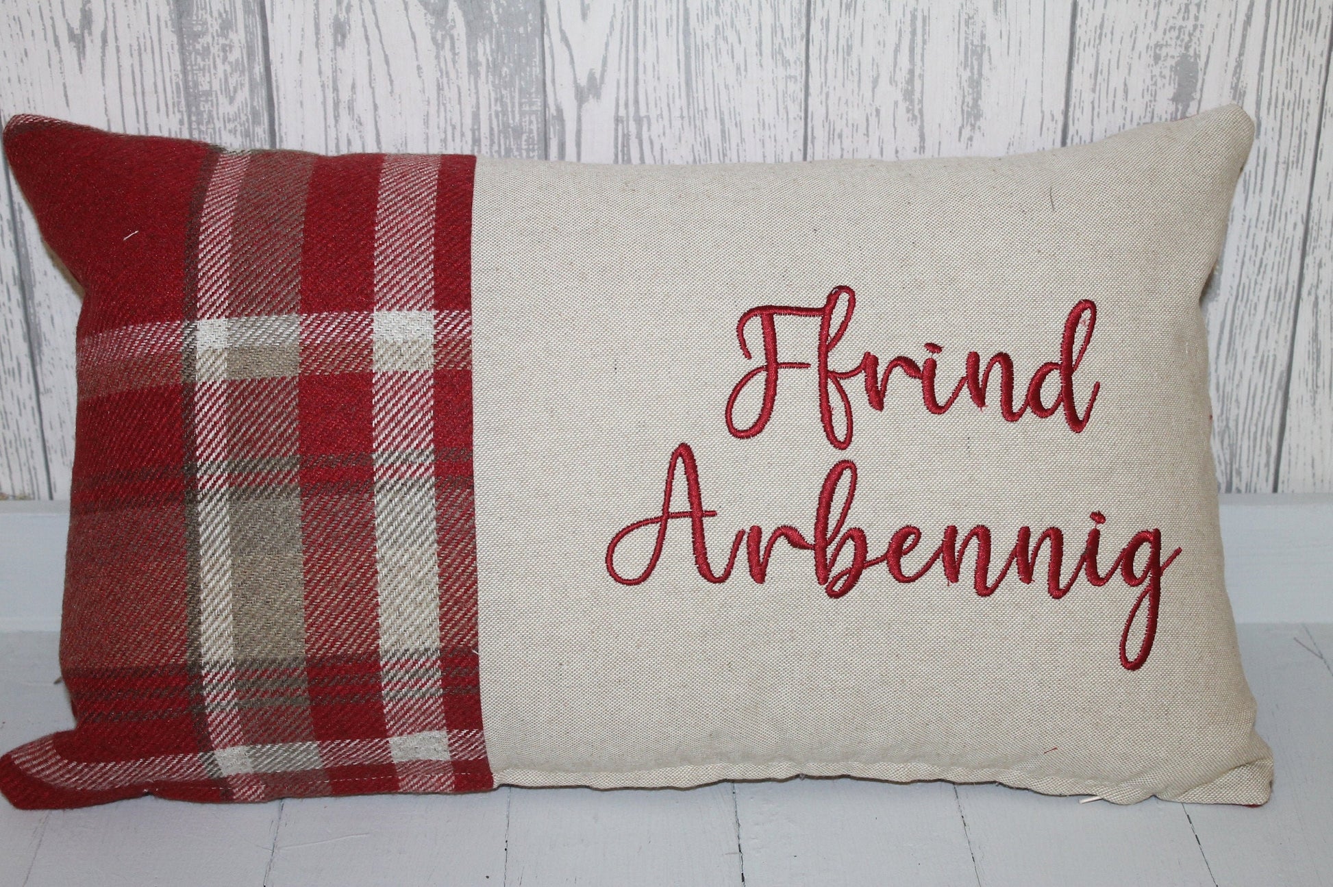 Ffrind Arbennig Cushion-Personalised Cushion- Quote Cushion- Red Check Wool touch & Cream long cushion.