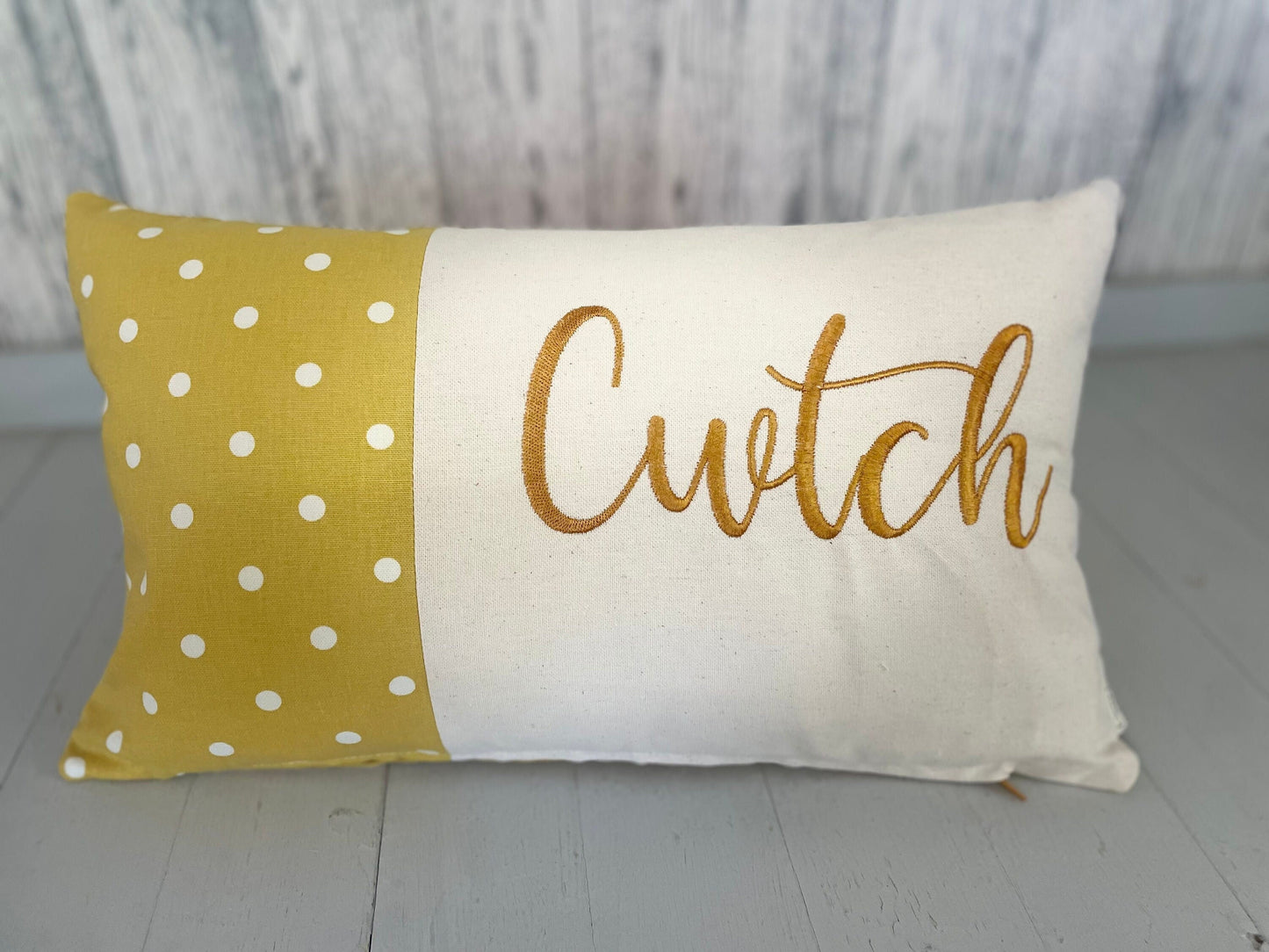 Cwtch Cushion, Mustard spotty Cushion. Welsh Cwtch Pillow,Cuddle Cushion, Handmade Welsh Gift, Grey Dotty and Mustard