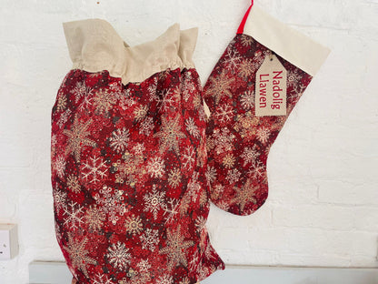 Luxe Snowflake red and gold Tapestry Christmas Sack Nadolig Llawen- personalised Sack