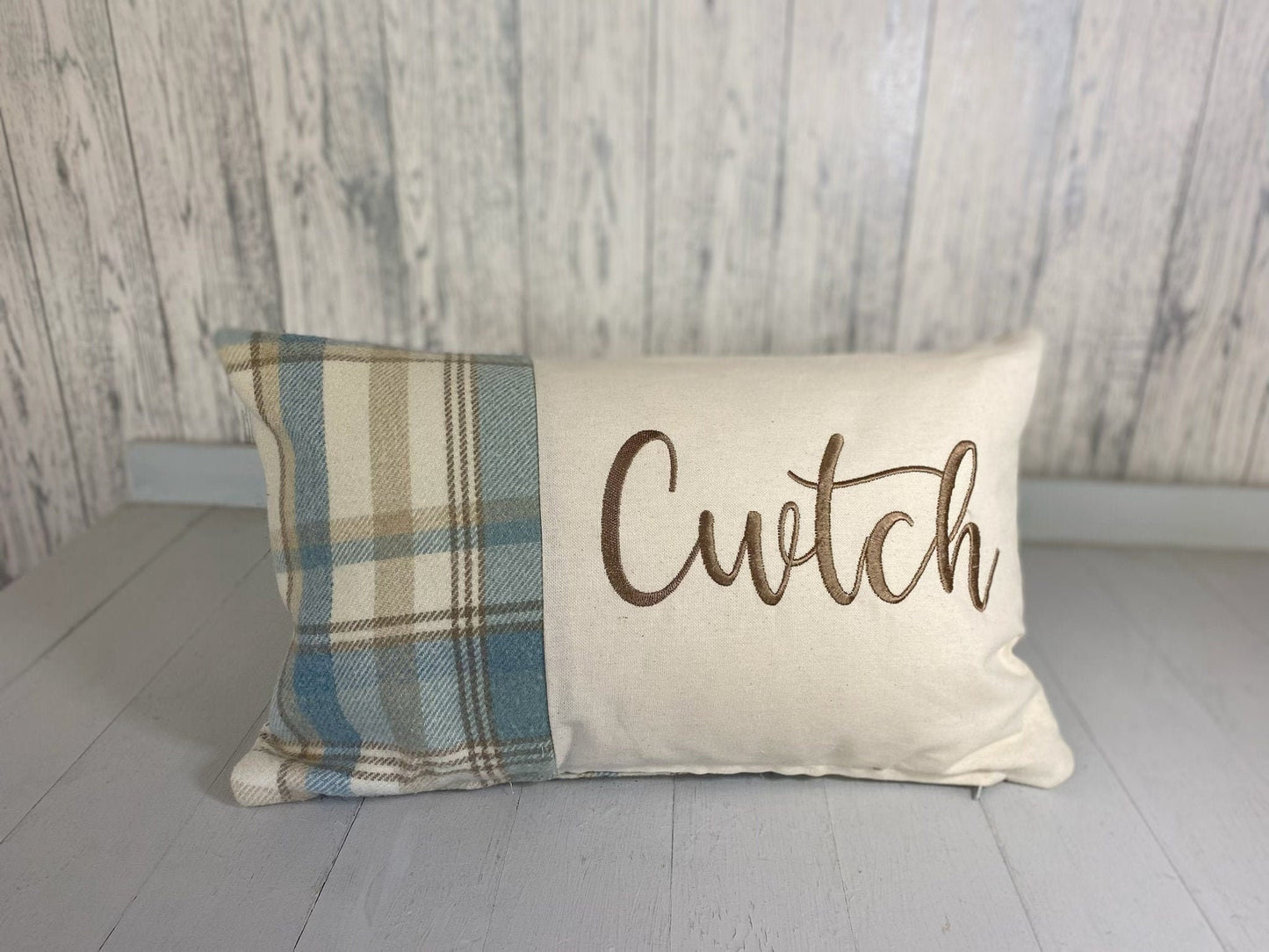 Cwtch Cushion-Personalised Cushion-Quote Cushion- Blue Wool touch & Cream long cushion.