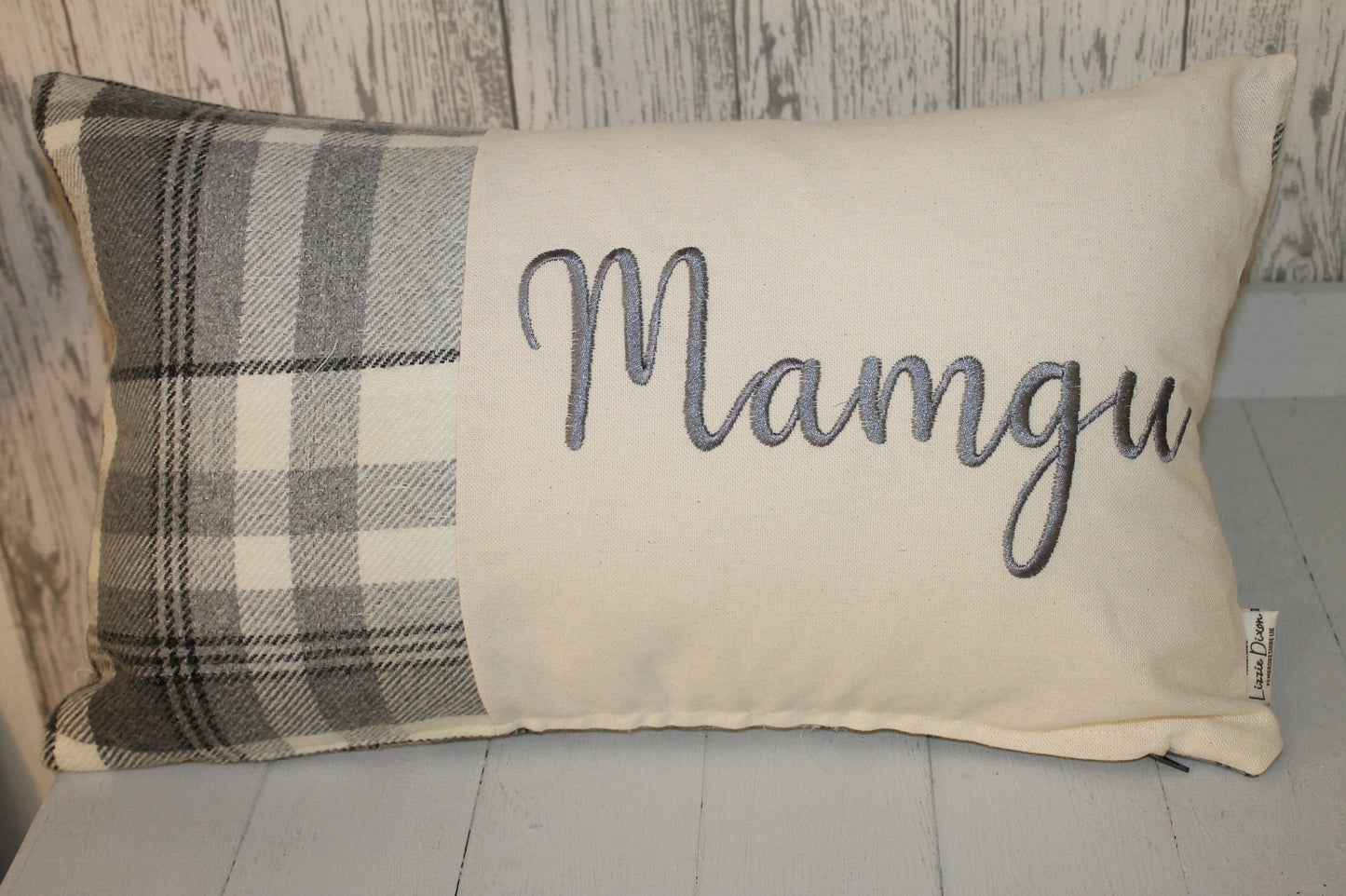 Mamgu Cushion-Personalised Cushion- Quote Cushion-Grey Check Wool touch & Cream long cushion. Personalised mother&#39;s day