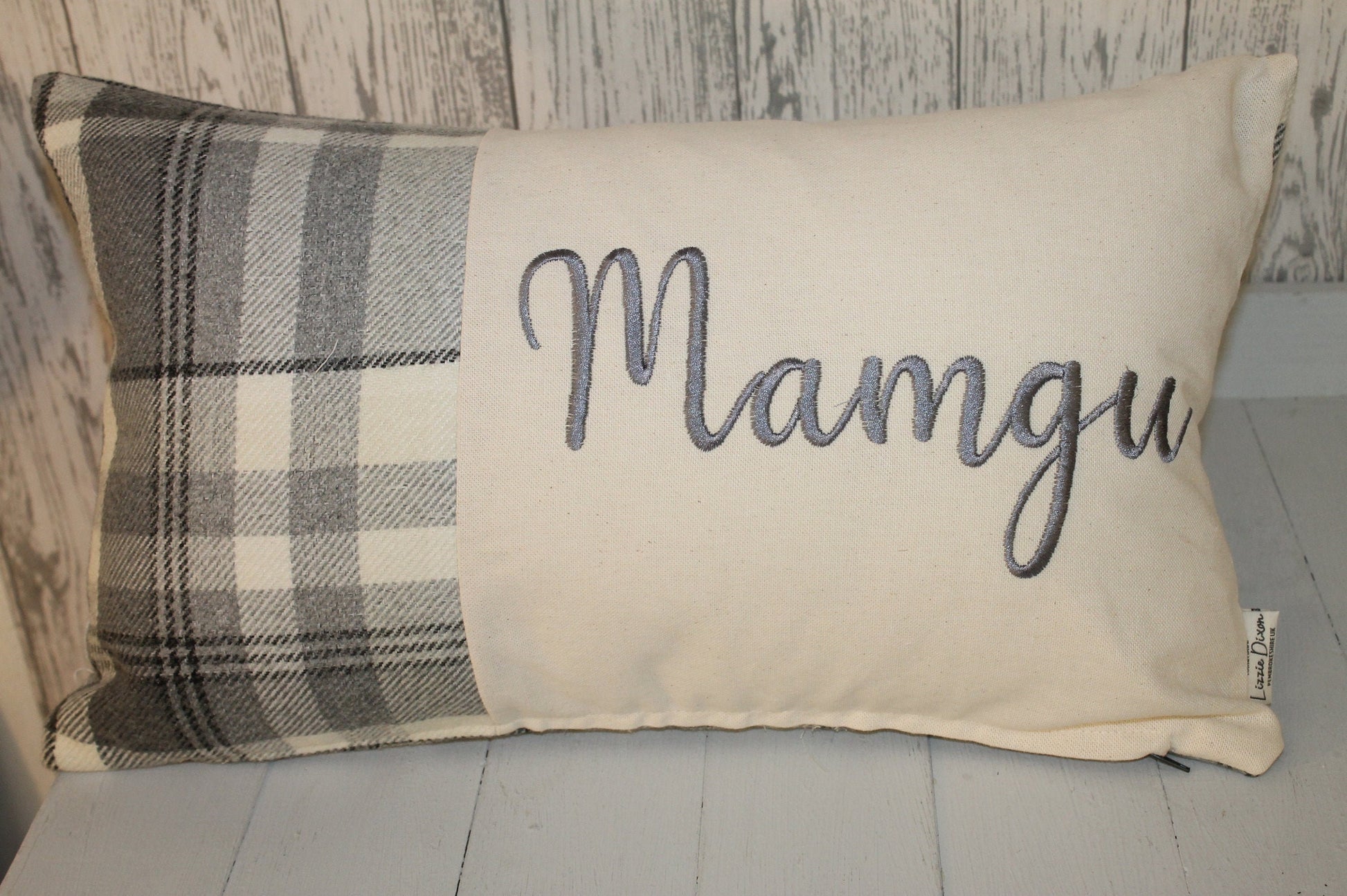 Mamgu Cushion-Personalised Cushion- Quote Cushion-Grey Check Wool touch & Cream long cushion. Personalised mother&#39;s day