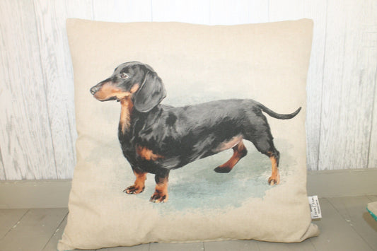 Dachshund Cushion- 18&quot; Square- Novelty Sausage Dog Cushion -Printed Dachshund sausage dog cushion