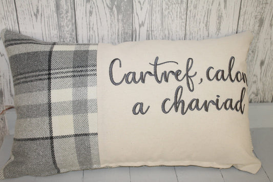 Cartref calon a chariad Cushion-Personalised Cushion- Quote Cushion- Grey Check Wool touch and Cream long cushion. Personalised cushion