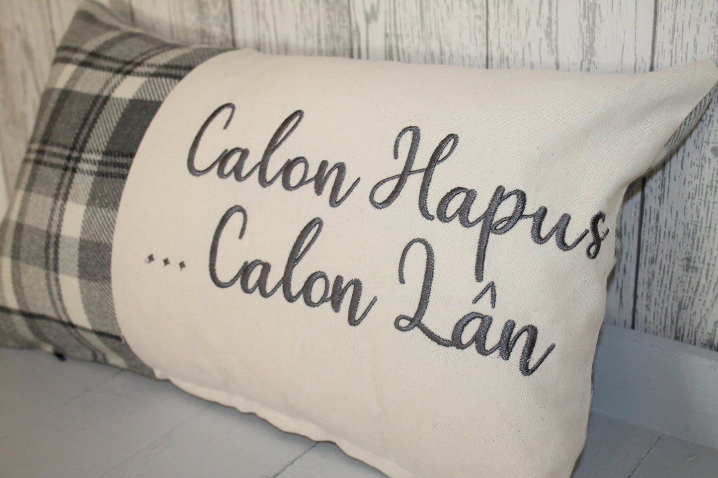 Calon Hapus , Calon Lan Cushion-Personalised Cushion- Quote Cushion- Grey Check Wool touch and Cream long cushion. Personalised cushion-