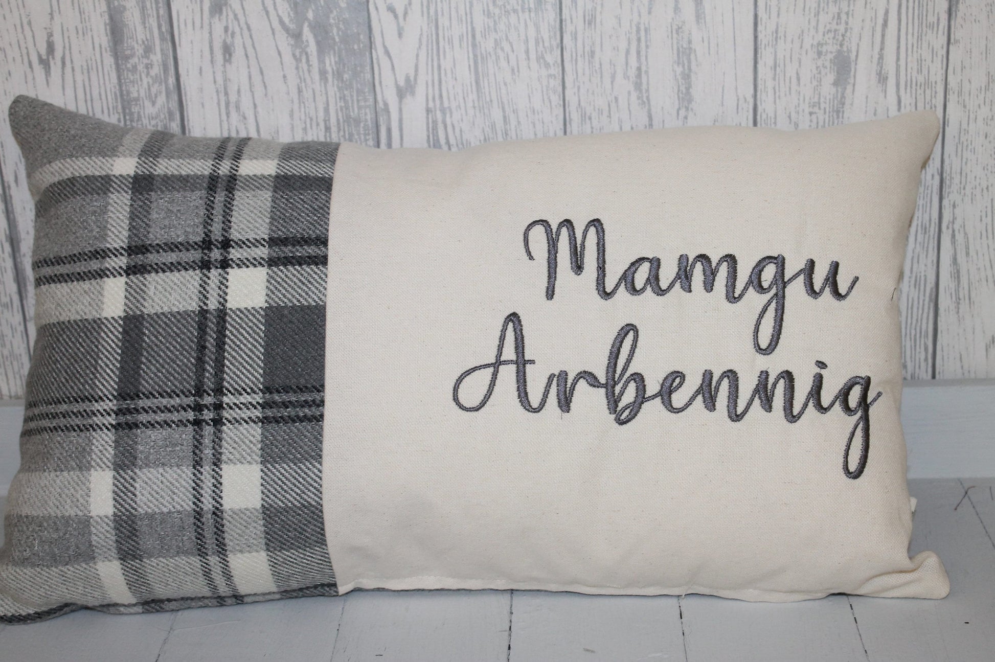 Mamgu Arbennig Cushion-Personalised Cushion- Quote Cushion- Grey Check Wool touch and Cream long cushion. Personalised cushion-