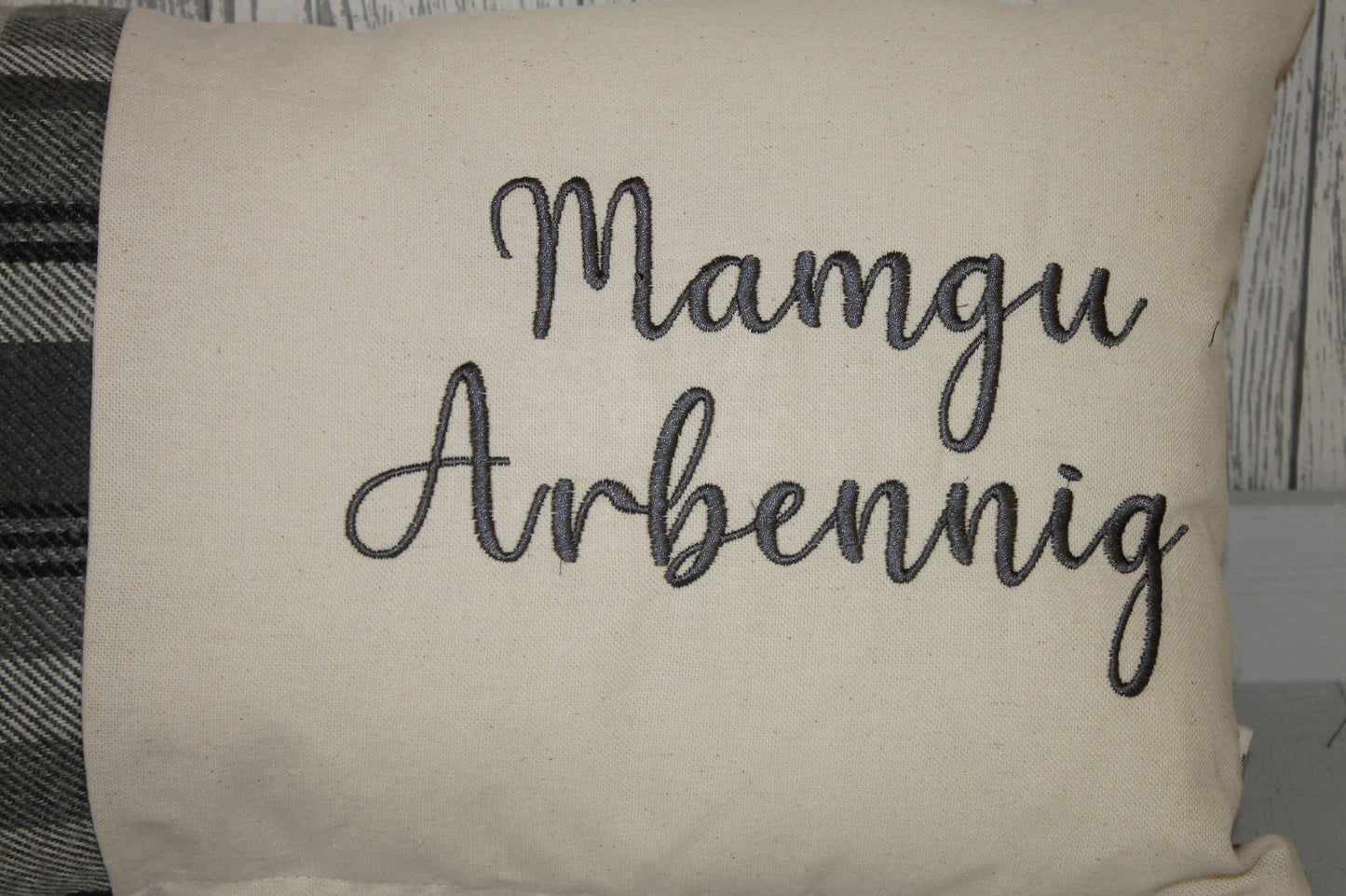 Mamgu Arbennig Cushion-Personalised Cushion- Quote Cushion- Grey Check Wool touch and Cream long cushion. Personalised cushion-