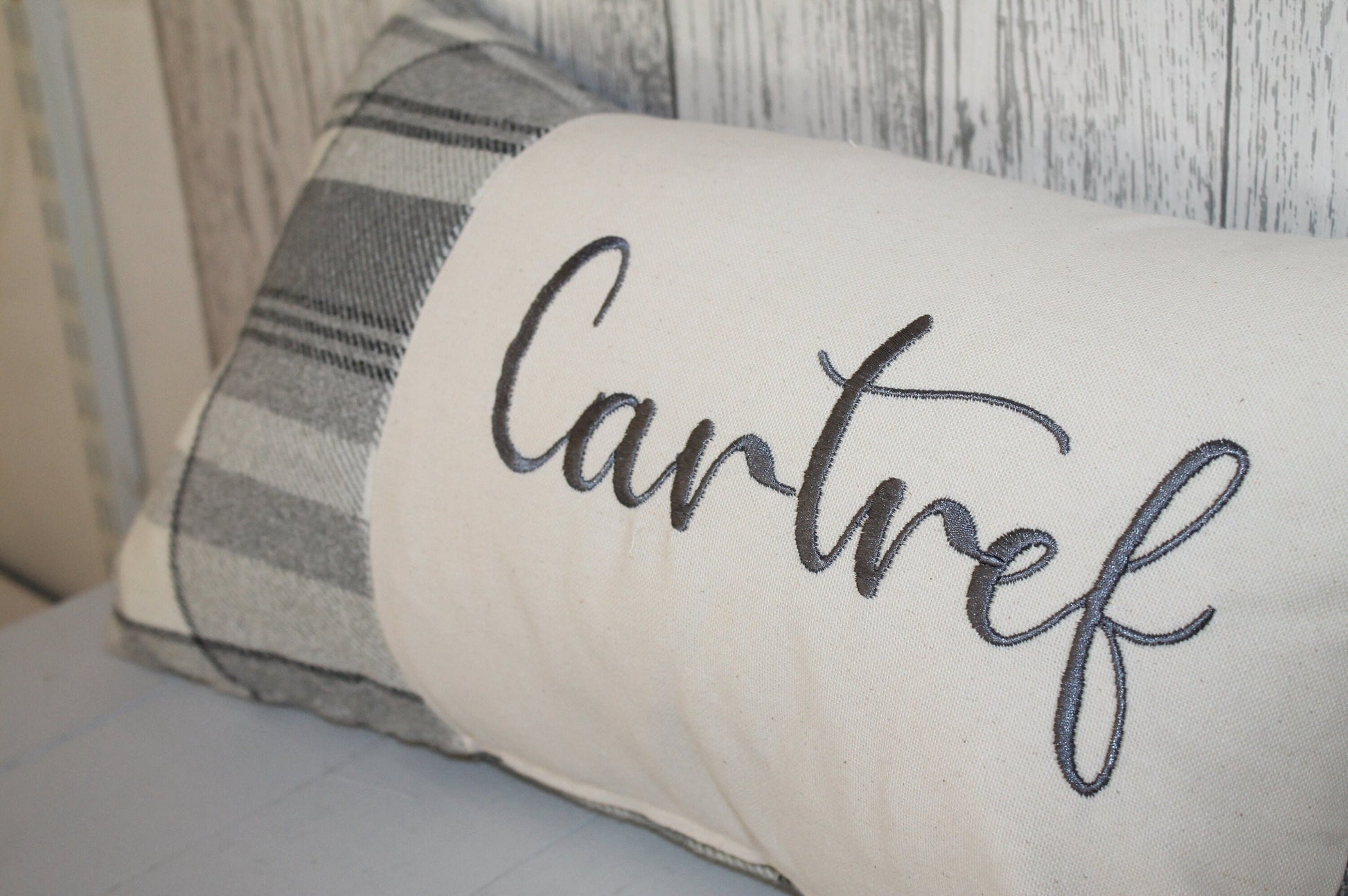 Cartref Cushion-Personalised Cushion- Quote Cushion- Grey Check Wool touch and Cream long cushion. Personalised cushion- Handmade cushion