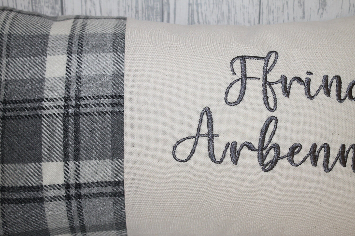 Ffrind Arbennig Cushion-Personalised Cushion- Quote Cushion- Grey Check Wool touch & Cream long cushion.