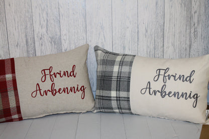 Ffrind Arbennig Cushion-Personalised Cushion- Quote Cushion- Grey Check Wool touch & Cream long cushion.