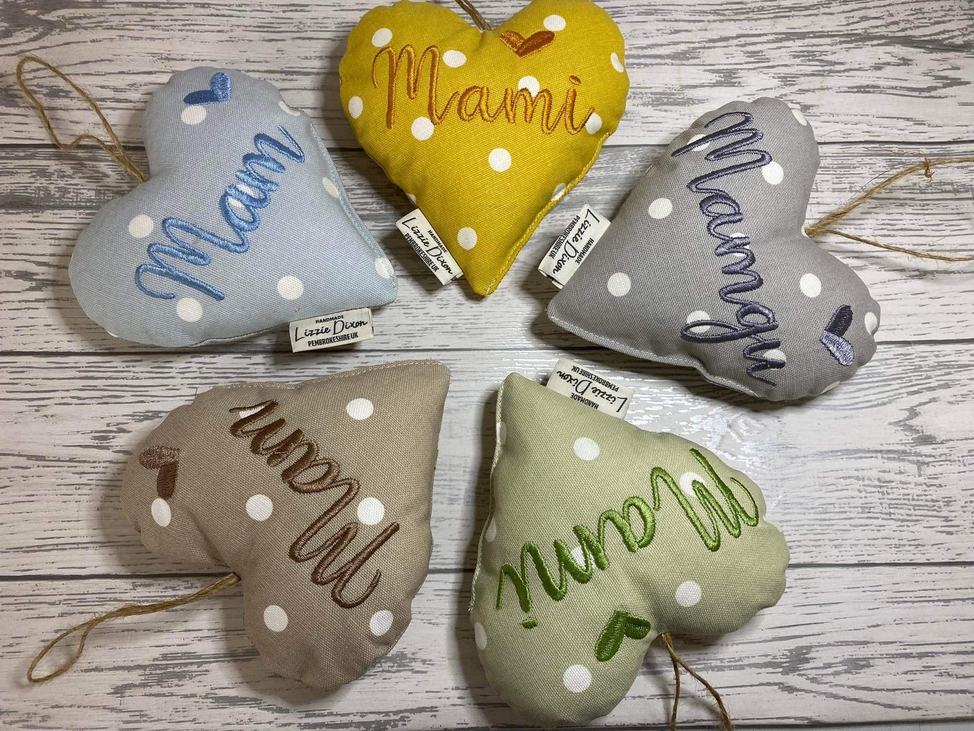 Mother&#39;s Day Decorative Hanging Heart- Mum Personalised Mother&#39;s Day Gift-Pale Blue Dotty and Floral Stuffed Lavender hanging Heart