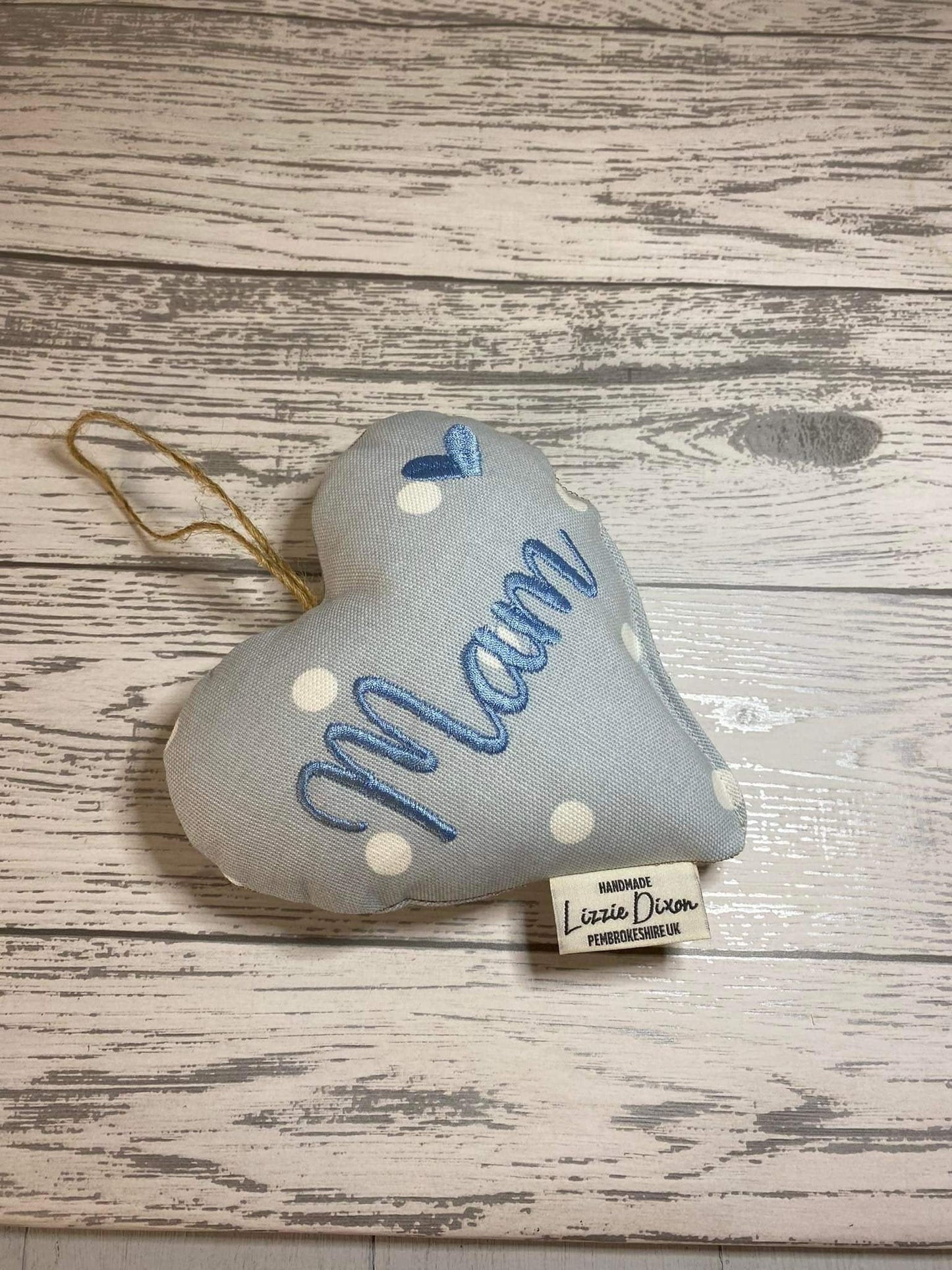 Mother&#39;s Day Decorative Hanging Heart- Mum Personalised Mother&#39;s Day Gift-Pale Blue Dotty and Floral Stuffed Lavender hanging Heart