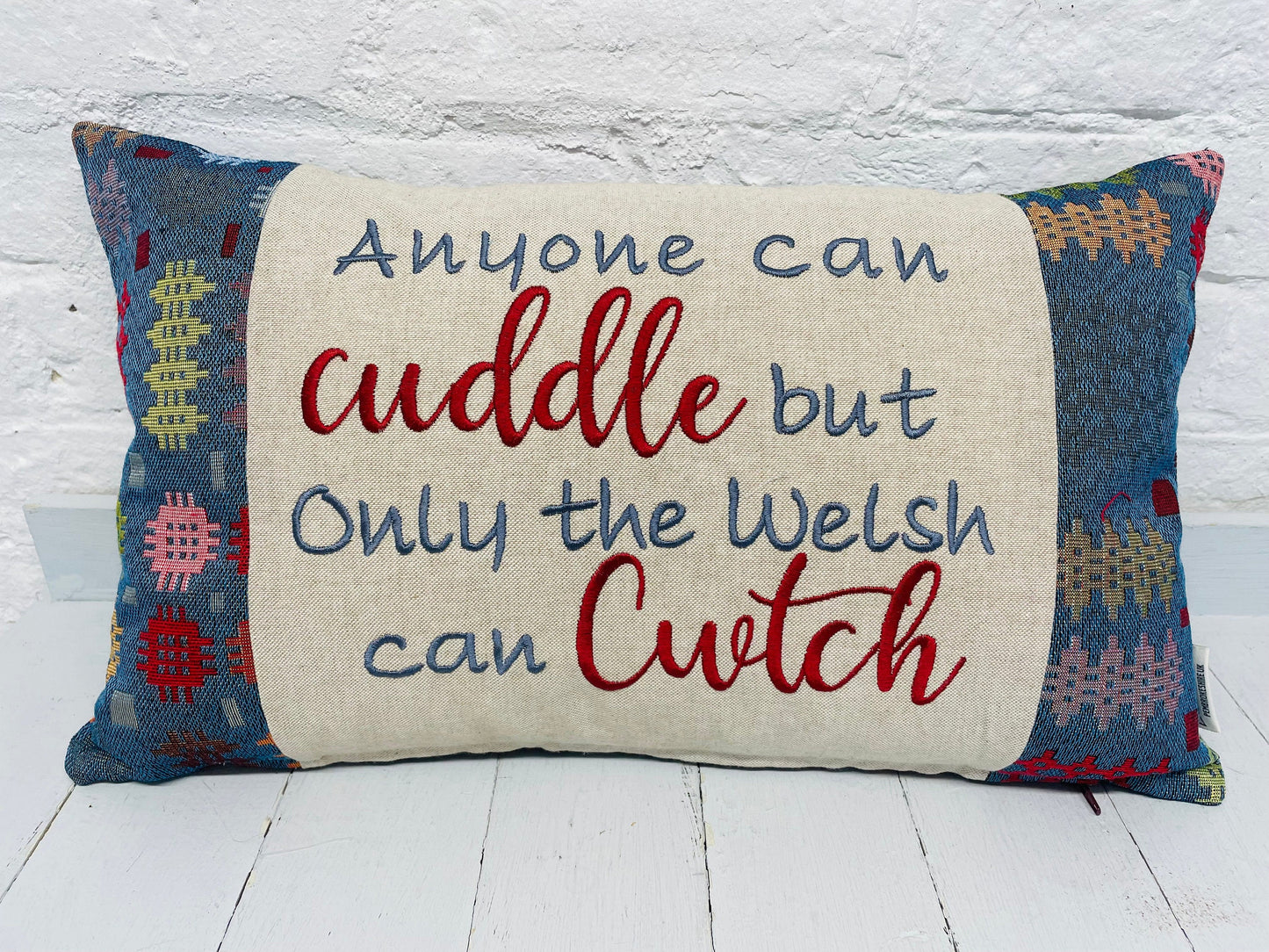 Anyone can Cuddle but only the Welsh can Cwtch Cushio-Handmade Welsh blanket