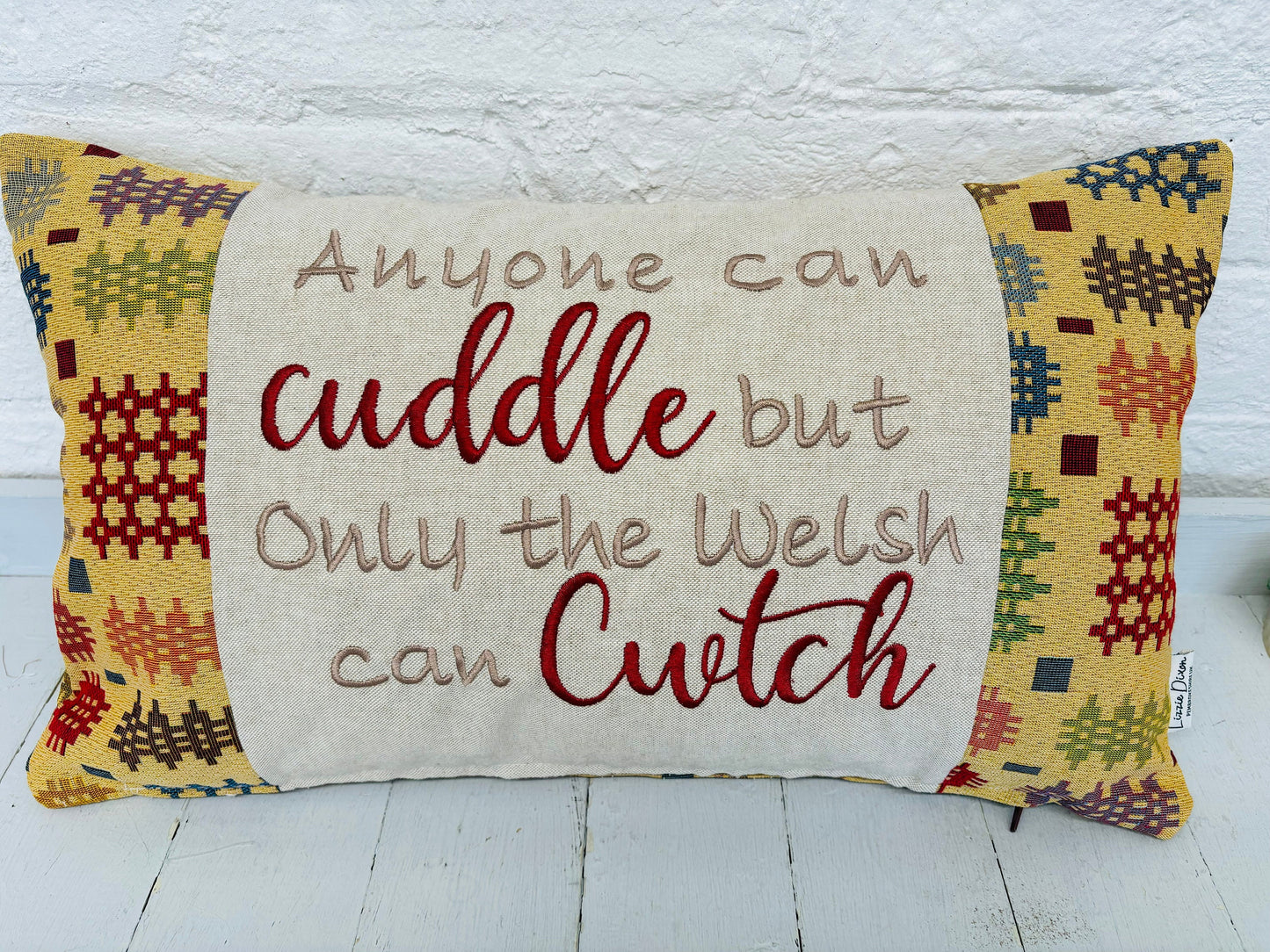 Anyone can Cuddle but only the Welsh can Cwtch Cushio-Handmade Welsh blanket