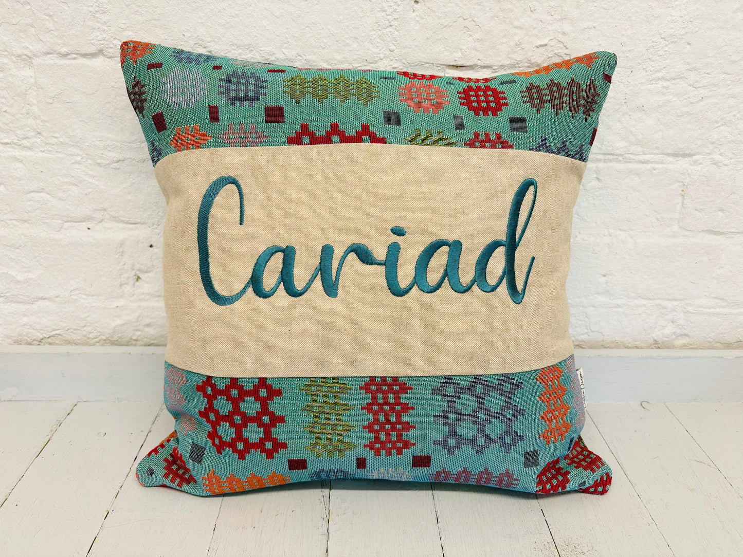 Welsh Blanket style Cariad Cushion-Personalised Cushion- Quote Cushion-welsh tapestry style 16&quot; Square cushion.