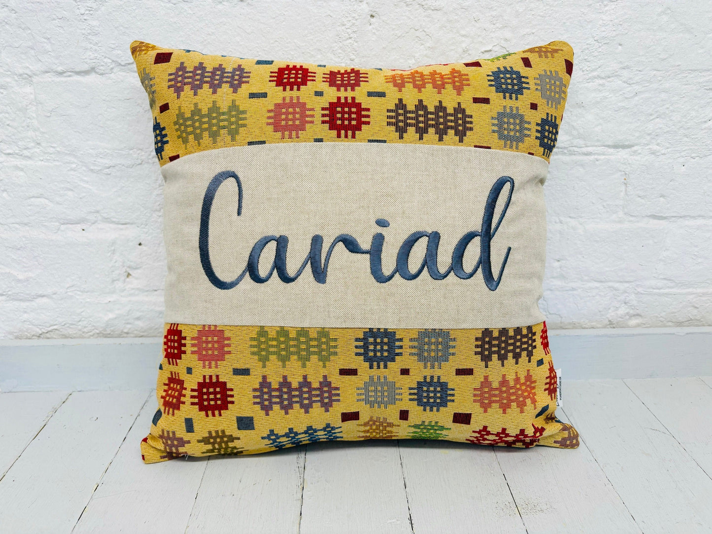 Welsh Blanket style Cariad Cushion-Personalised Cushion- Quote Cushion-welsh tapestry style 16&quot; Square cushion.