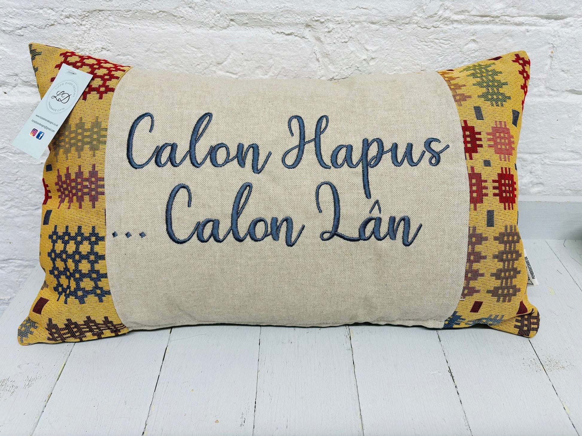 Welsh Blanket style Calon Hapus.. Calon Lan Cushion-Personalised Cushion- Quote Cushion-welsh tapestry style long cushion.