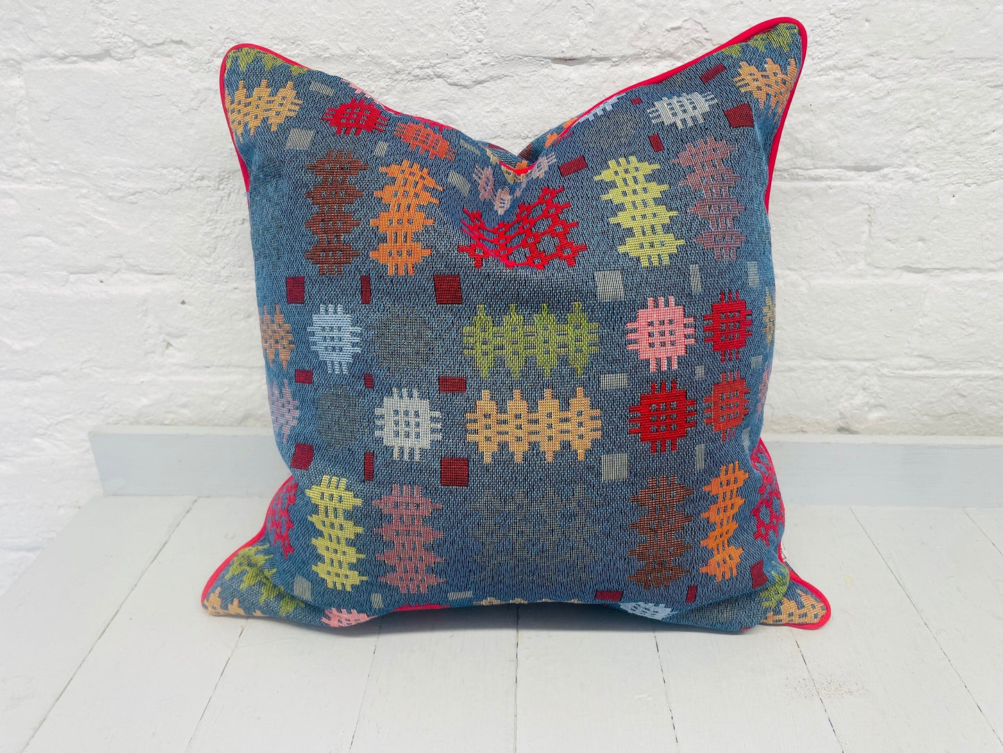 Welsh Blanket style piped Cushion-Personalised Cushion- Quote Cushion-welsh tapestry style 16” Square Cushion