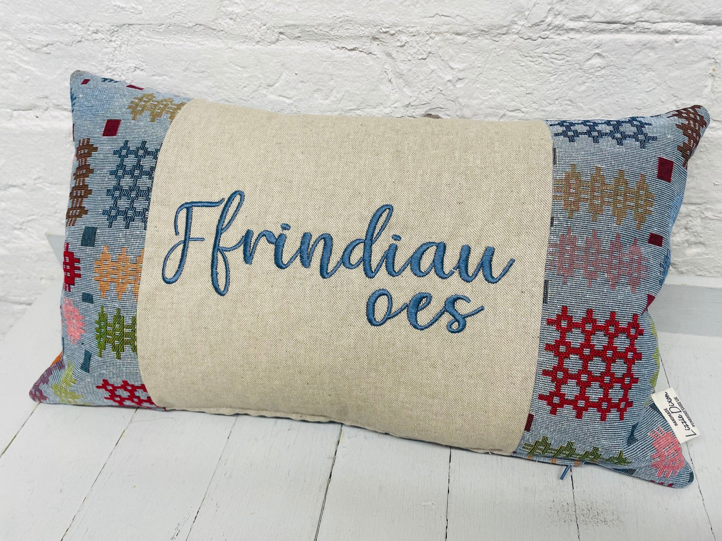 Welsh Blanket style Fffindiau oes oes Cushion-Personalised Cushion- Quote Cushion-welsh tapestry style long cushion.