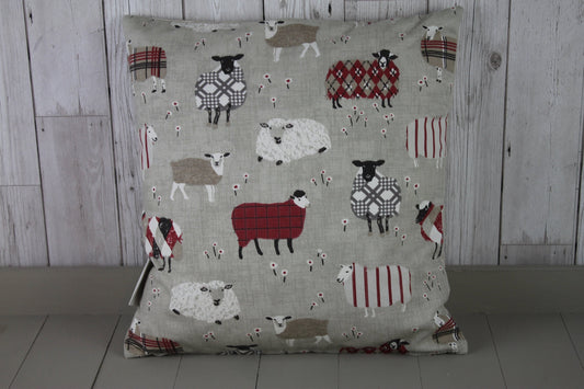 Sheep Wearing Jumpers Cushion Red and Taupe-16&quot; Square Cushion - Lizzie Dixon Designs