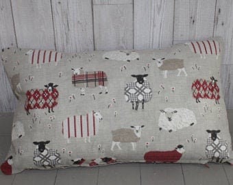 Home Panel Cushion -Red and Taupe Sheep in Jumpers - Lizzie Dixon Designs