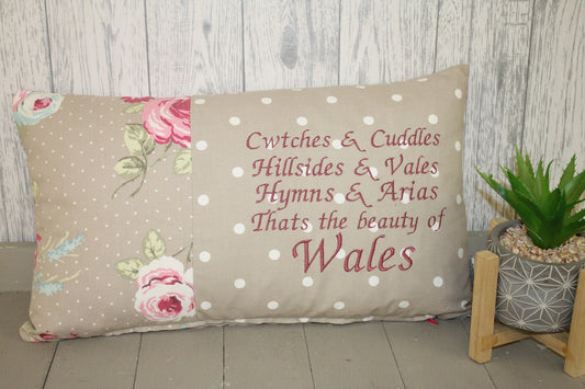 Welsh gift- Welsh quote Cushion- Taupe Floral and Dotty rectangle cushion-